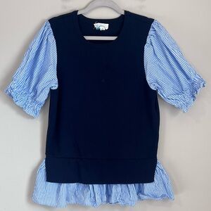 Anthropologie Blue Puff Sleeve Layered Sweater Blouse Preppy Sz XL